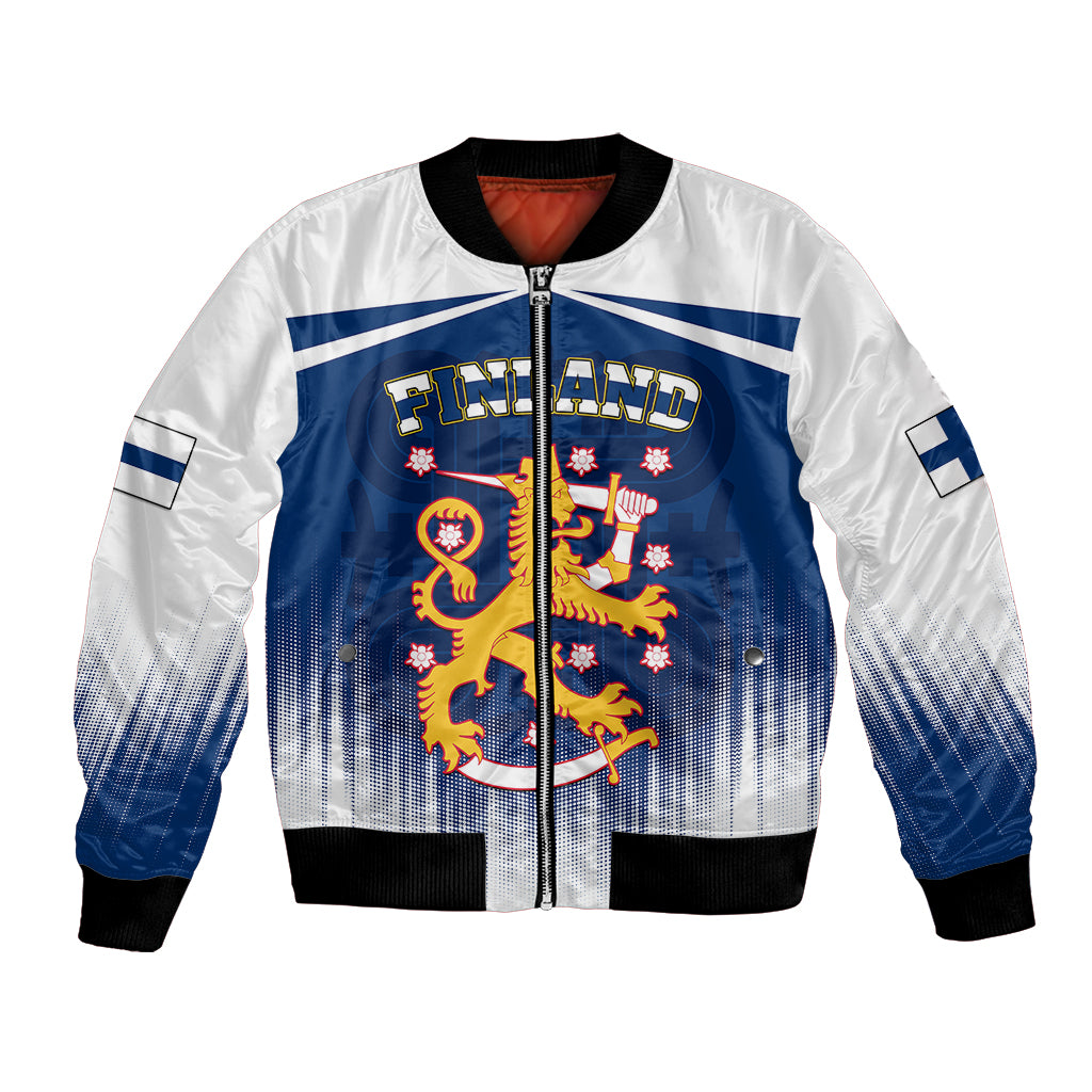 White unisex bomber jacket with blue crest graphic, front zipper, ribbed cuffs