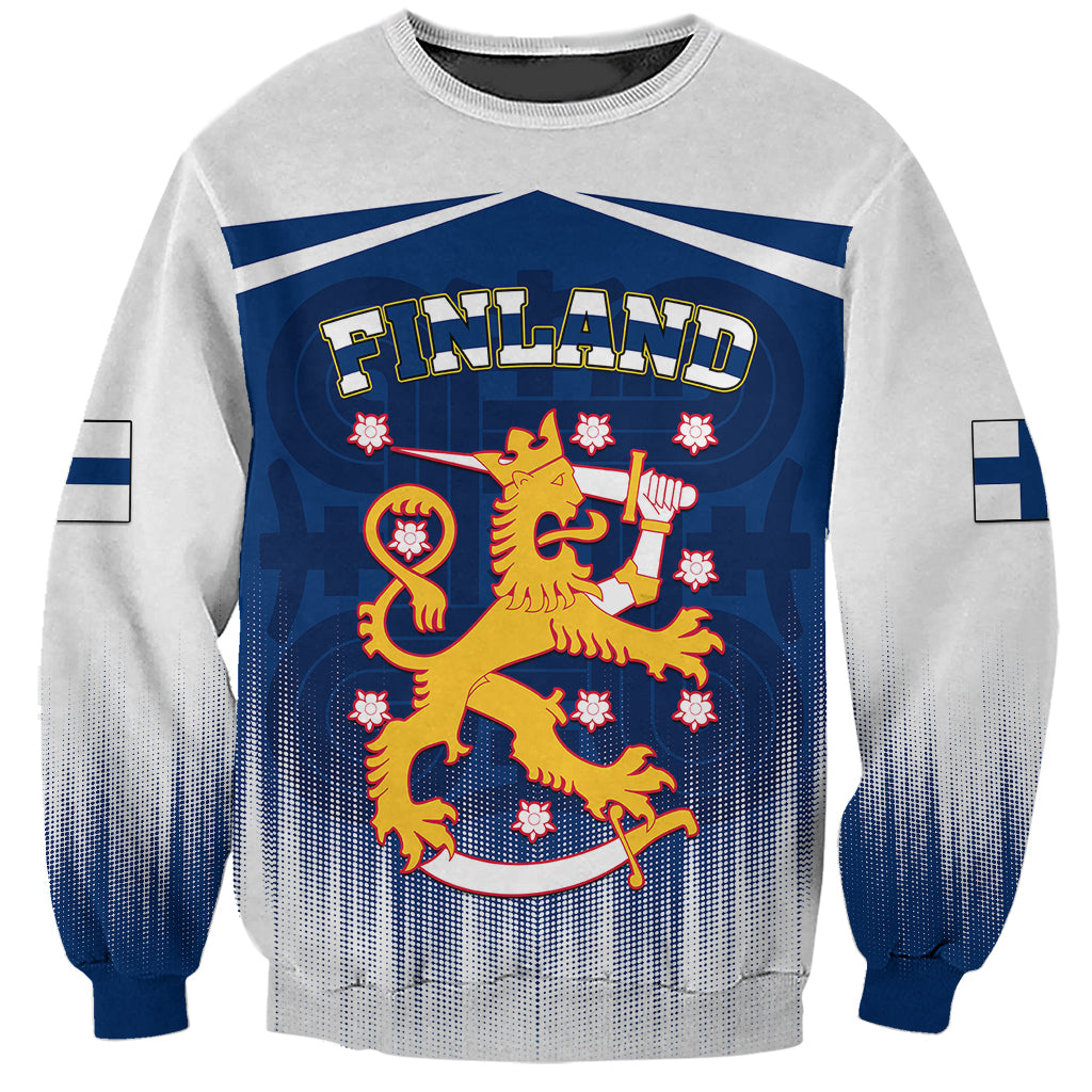 Unisex white sweatshirt with blue Finland crest and lion emblem graphic