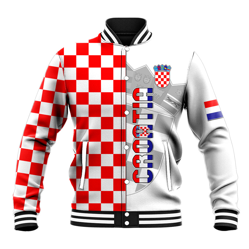 Croatia checkerboard baseball jacket with crest, gray sleeves, snap-button front