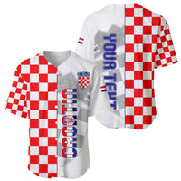 Croatia baseball jersey shown front and back, red-and-white checkered with crest and striped text