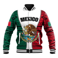 Unisex baseball jacket, white with green/red Aztec sleeves, front Mexico crest