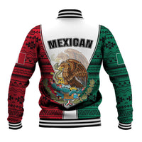Unisex baseball jacket, white back with green/red Aztec bands, MEXICAN crest