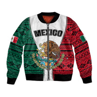 Unisex bomber jacket with white body, red/green Aztec pattern, Mexico graphic patch
