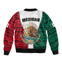 Unisex bomber jacket, white with red and green aztec stripes, large eagle crest on back