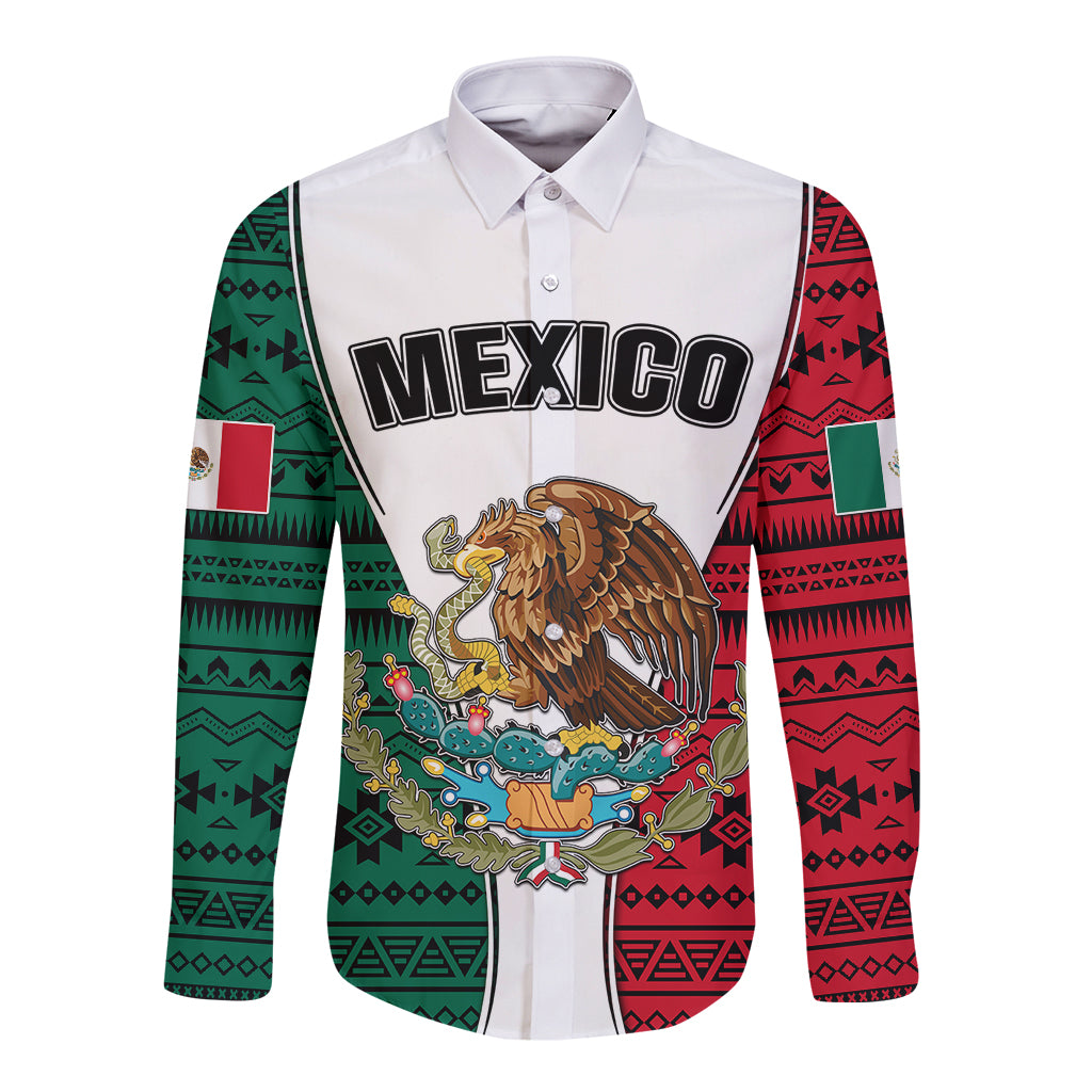 Unisex long-sleeve button shirt with white base, red/green Aztec patterns and Mexico print