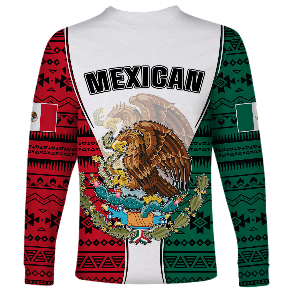 Long-sleeve shirt coat with eagle crest, 'MEXICAN' text, red-green Aztec pattern