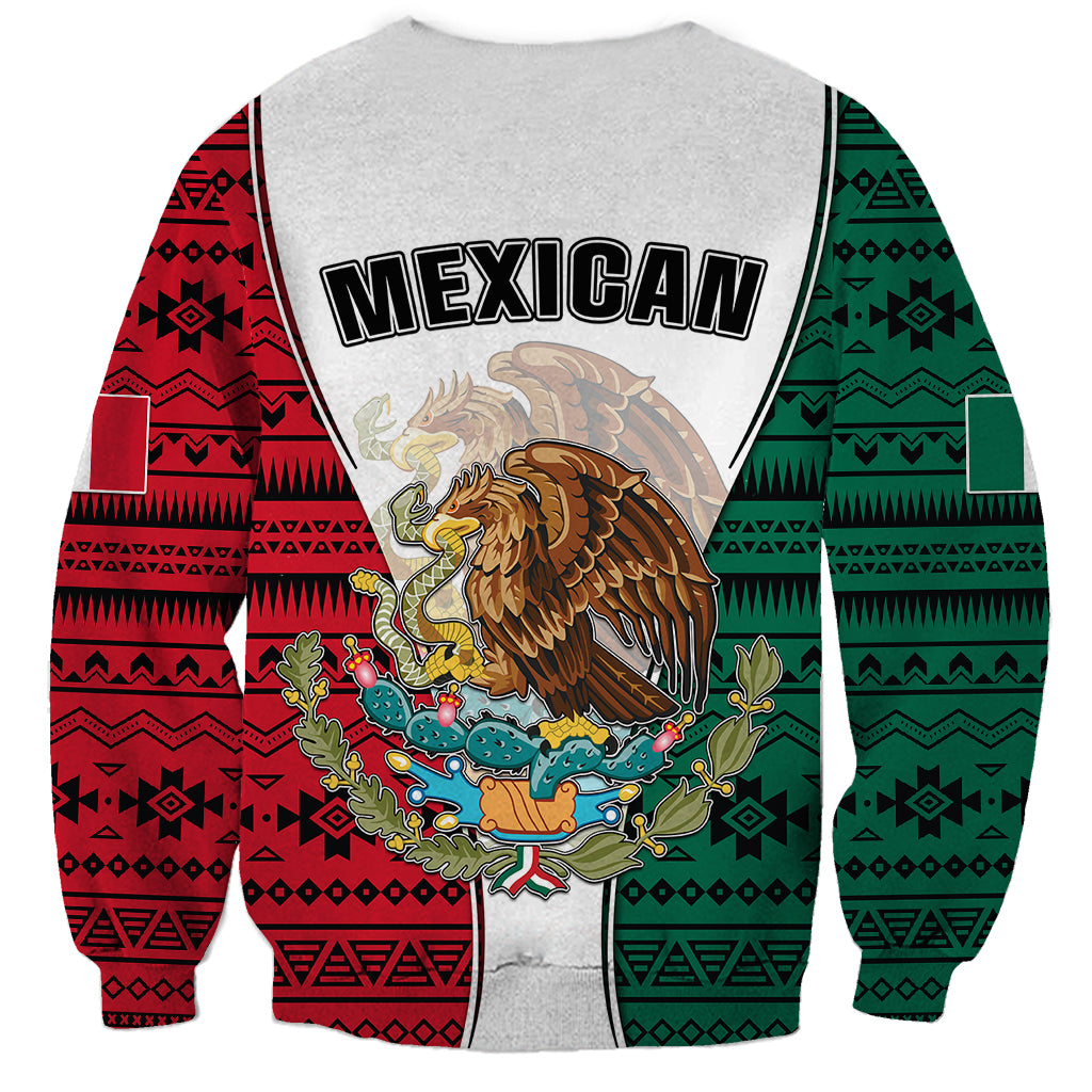 Unisex crewneck sweatshirt, gray front with MEXICAN eagle emblem and red/green aztec sleeves