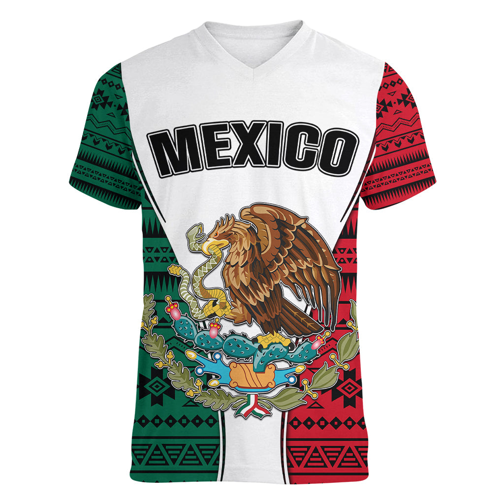 mexico-women-v-neck-t-shirt-coat-of-arms-with-mexican-aztec-pattern