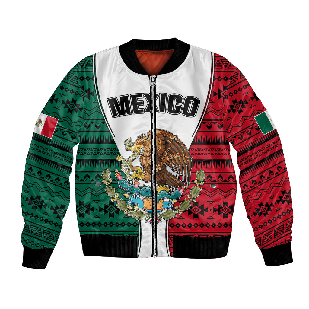 Mexico bomber jacket with full-zip front, eagle-and-crest graphic, green red aztec pattern