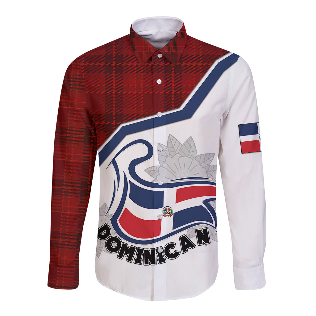 Long-sleeve button shirt, red plaid front with white Dominican crest graphic
