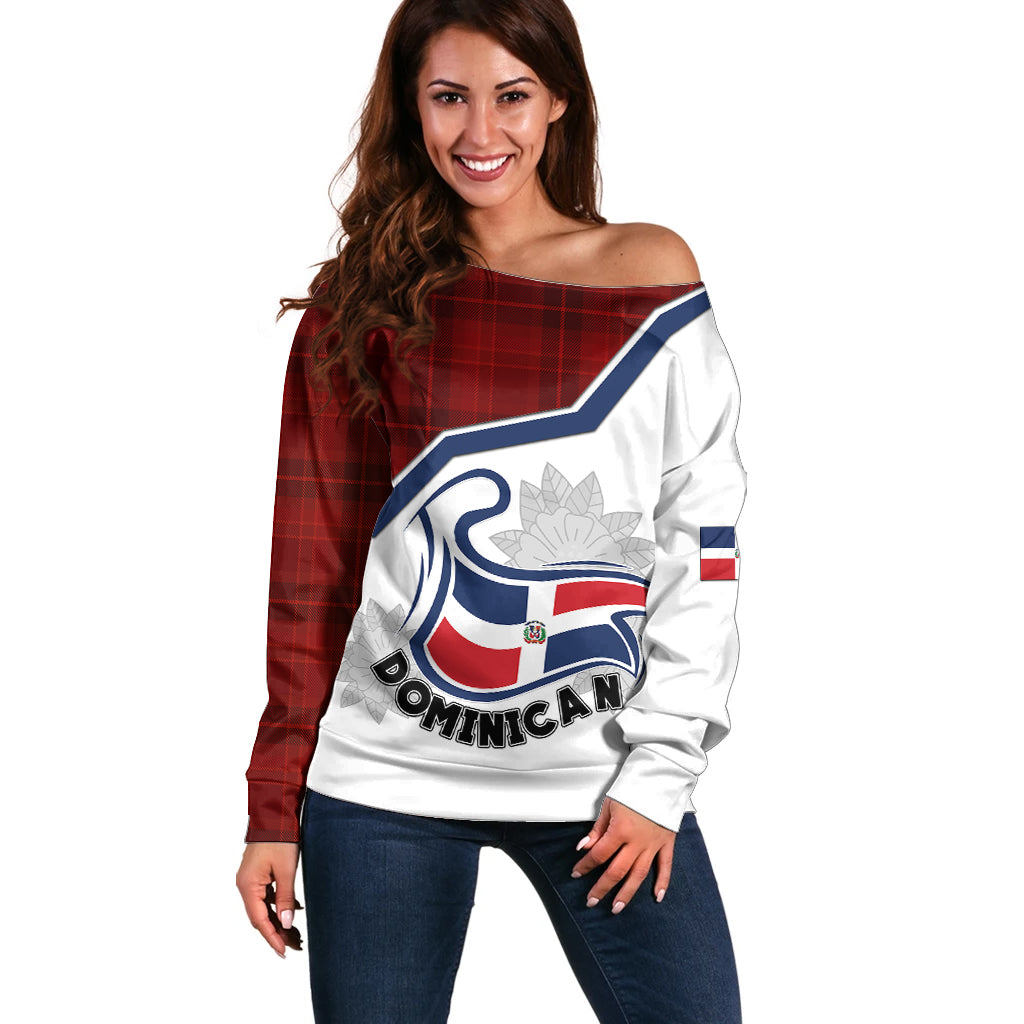 Dominican Republic Off Shoulder Sweater Dominicana Plaid Pattern Mix Coat Of Arms TS06 - Wonder Print Shop