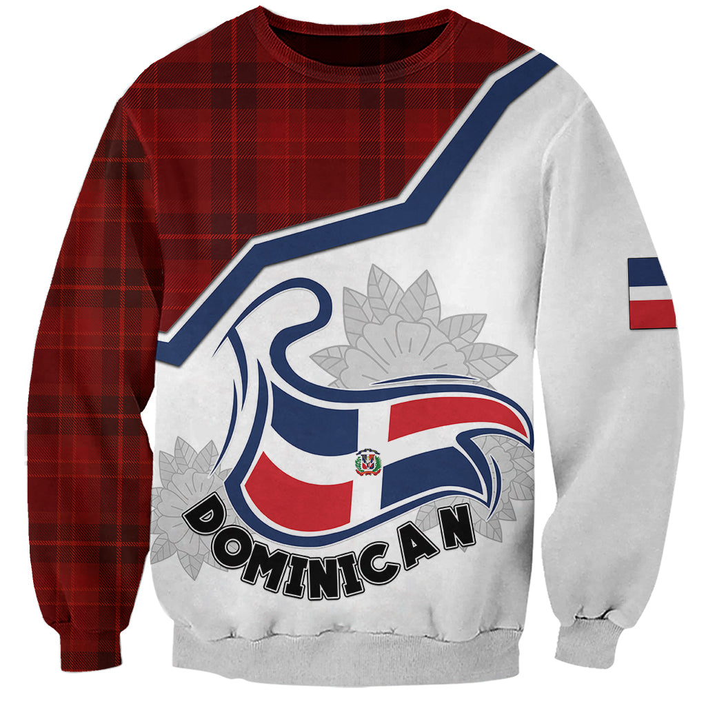 Red and gray plaid sweatshirt with white front graphic and 'DOMINICAN' text