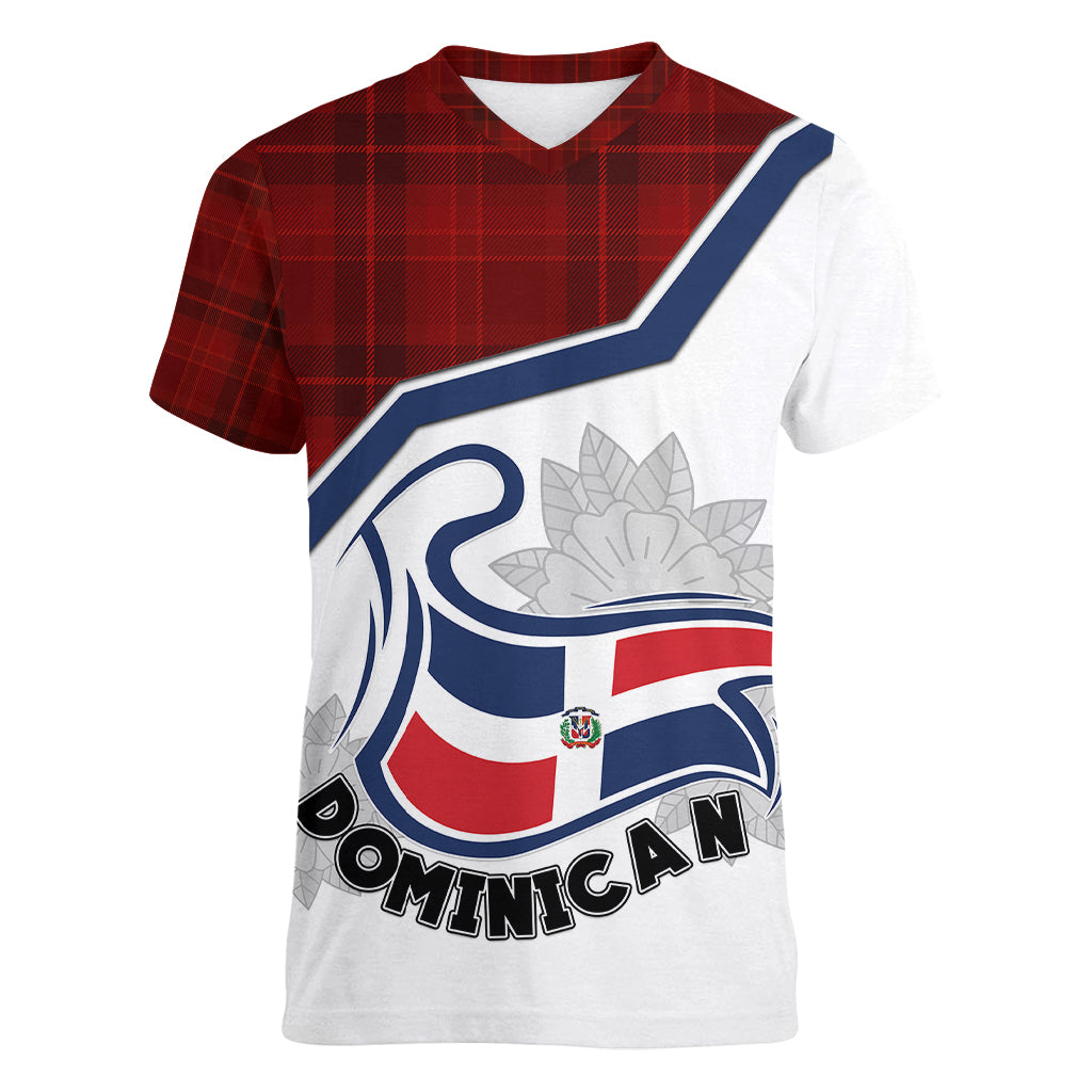 Dominican Republic Women V Neck T Shirt Dominicana Plaid Pattern Mix Coat Of Arms TS06 - Wonder Print Shop