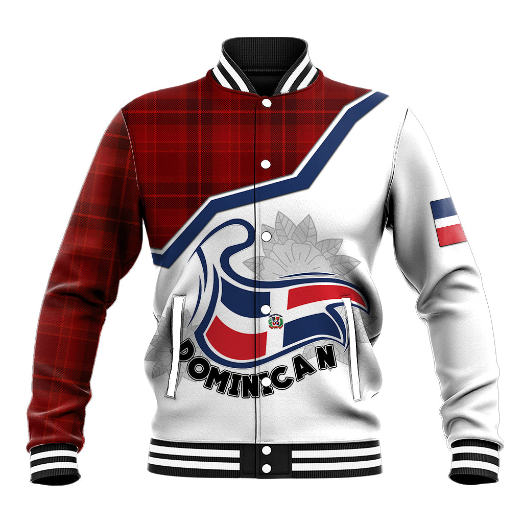 Red plaid and white varsity baseball jacket with striped collar and Dominican crest