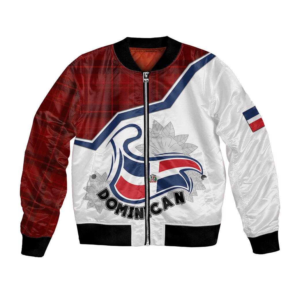 Red and white bomber jacket with Dominican emblem, front zipper, ribbed cuffs