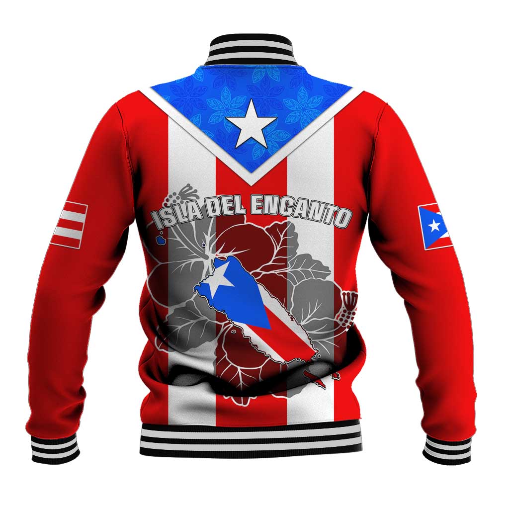 Red baseball jacket, back view with Puerto Rico flag star and frog graphic, ribbed hem.