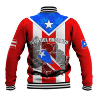 Red baseball jacket, back view with Puerto Rico flag star and frog graphic, ribbed hem.