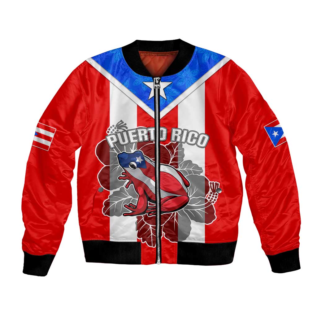 Red unisex bomber jacket with Puerto Rico flag graphic, black ribbed cuffs, front zipper