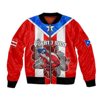 Red unisex bomber jacket with Puerto Rico flag graphic, black ribbed cuffs, front zipper