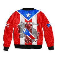 Red unisex bomber jacket with Puerto Rico flag back graphic, star panel, black ribbed hem