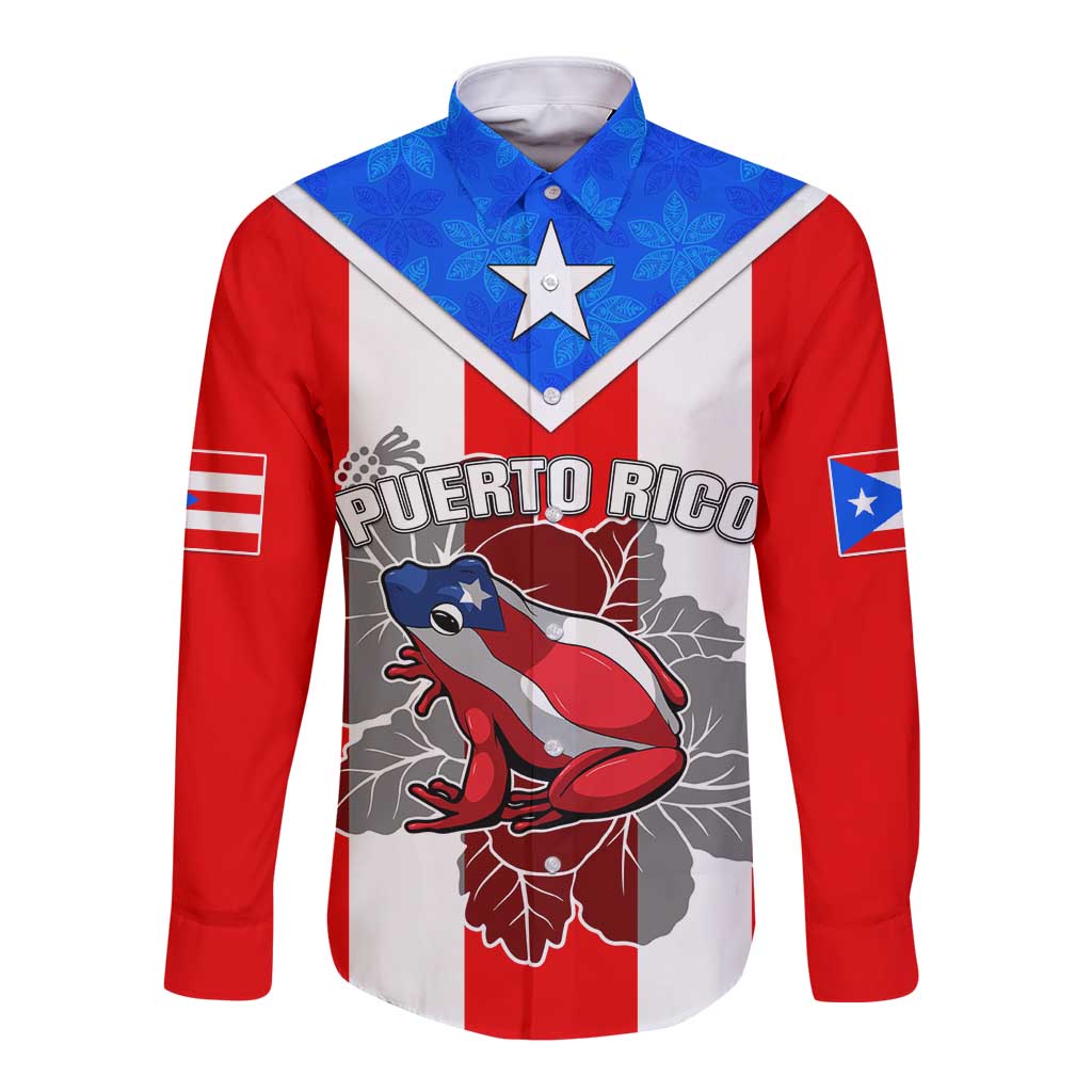 Unisex long sleeve button shirt with star and bird graphic in red, white, and blue.