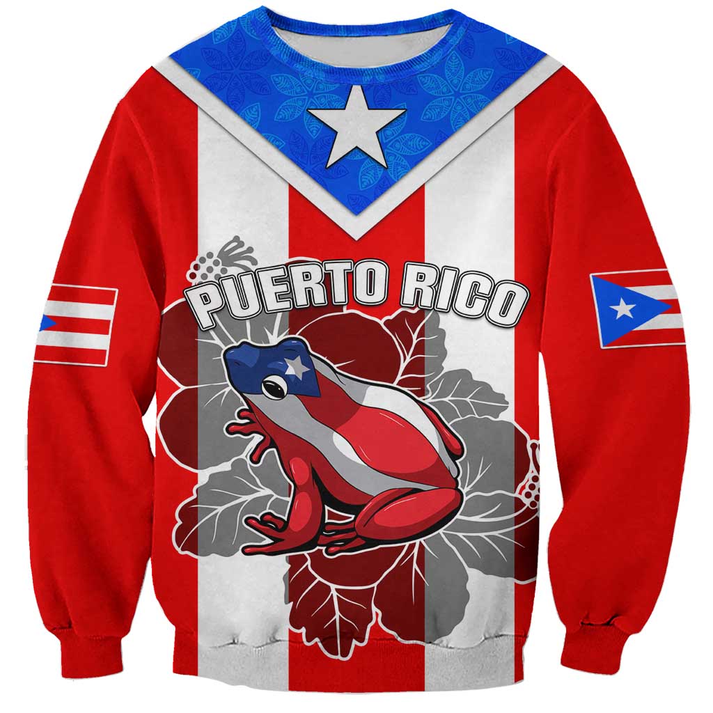 Unisex red sweatshirt with Puerto Rico flag panels, blue star and frog graphic