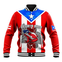 Red, white and blue baseball jacket with Puerto Rico star and frog graphic, front.