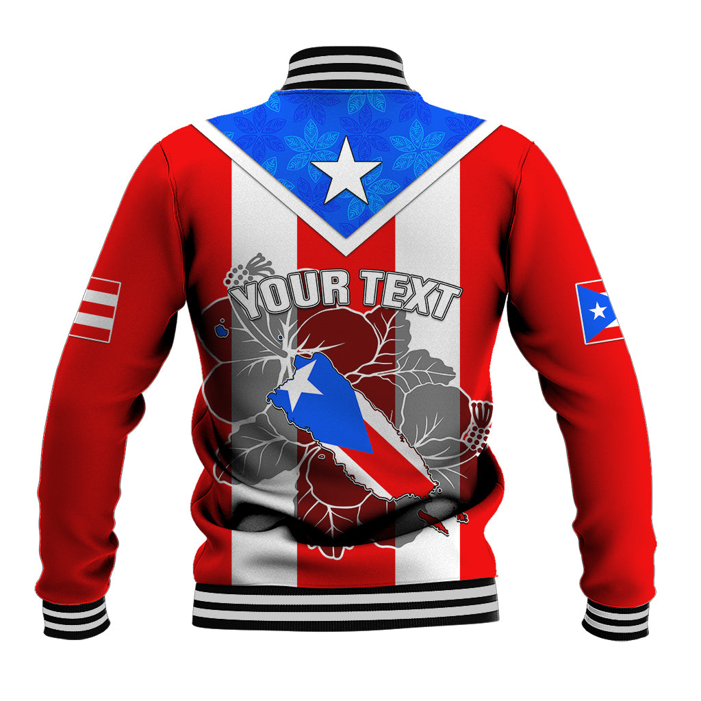 Red, white and blue baseball jacket back with blue star and 'YOUR TEXT' frog graphic.