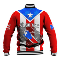 Red, white and blue baseball jacket back with blue star and 'YOUR TEXT' frog graphic.