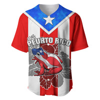 Red, white, and blue baseball jersey with Puerto Rico print and frog graphic