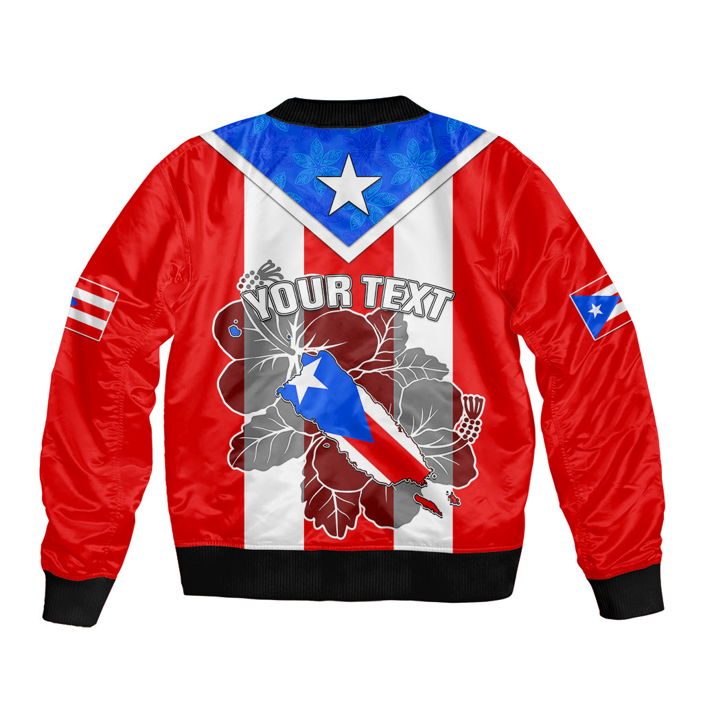 Red unisex bomber jacket with Puerto Rico flag star graphic, black ribbed hem and cuffs