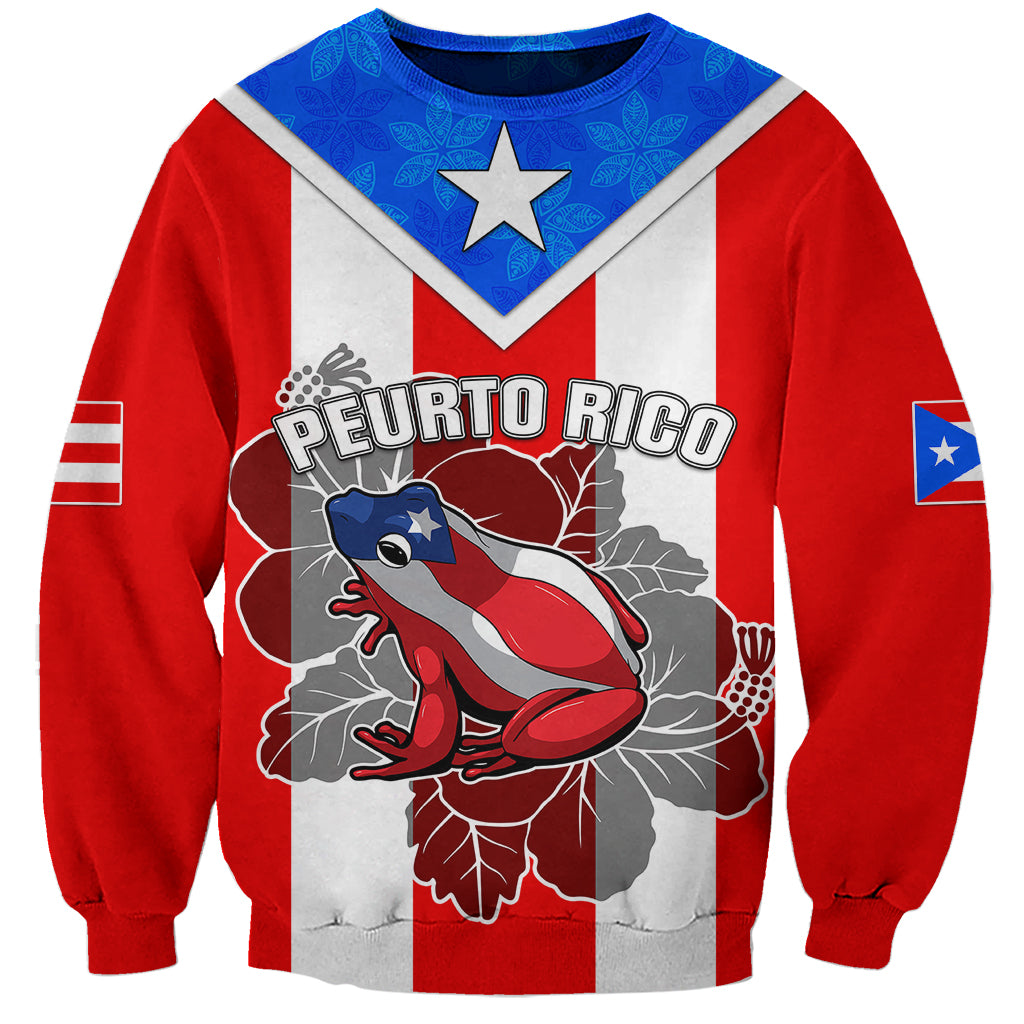 Unisex red sweatshirt with Puerto Rico flag, blue star, frog graphic, 'PUERTO RICO' print