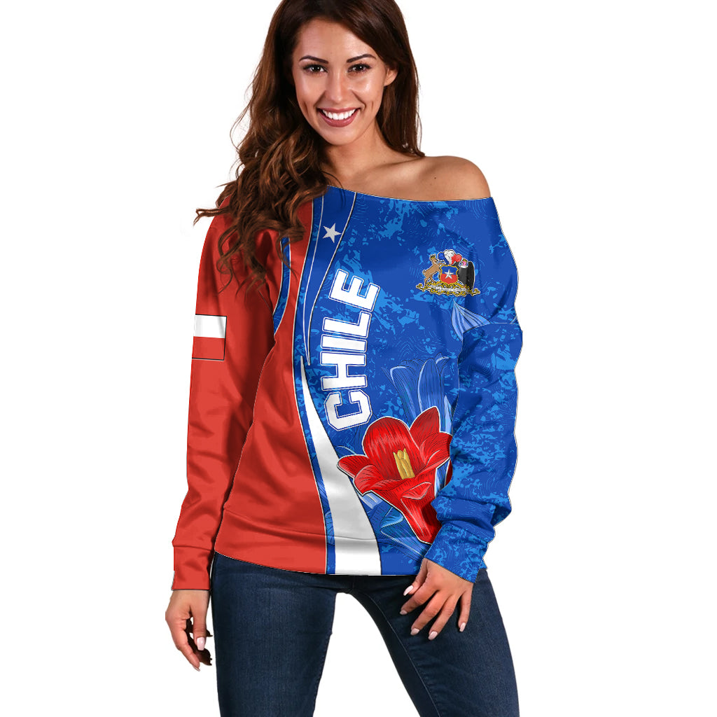 Chile Off Shoulder Sweater Copihue With Flag TS06 - Wonder Print Shop