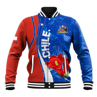 Unisex baseball jacket, blue and red colorblock with floral graphic and striped sleeves.
