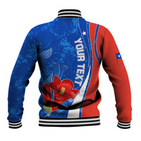 Unisex baseball jacket back, blue and red with Chile lettering and flower graphic.
