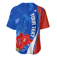 Baseball jersey back: blue with red sides, red flower print, vertical white text stripe
