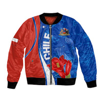 Unisex blue and red satin bomber jacket with front zipper, ribbed cuffs, Chile-themed graphics