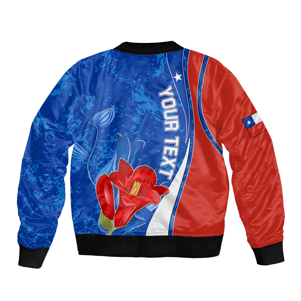 Unisex blue and red bomber jacket with ribbed hem, sleeve patch, and flower Chile graphic