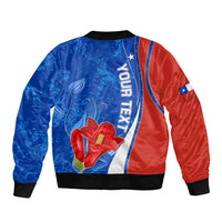 Unisex blue and red bomber jacket with ribbed hem, sleeve patch, and flower Chile graphic
