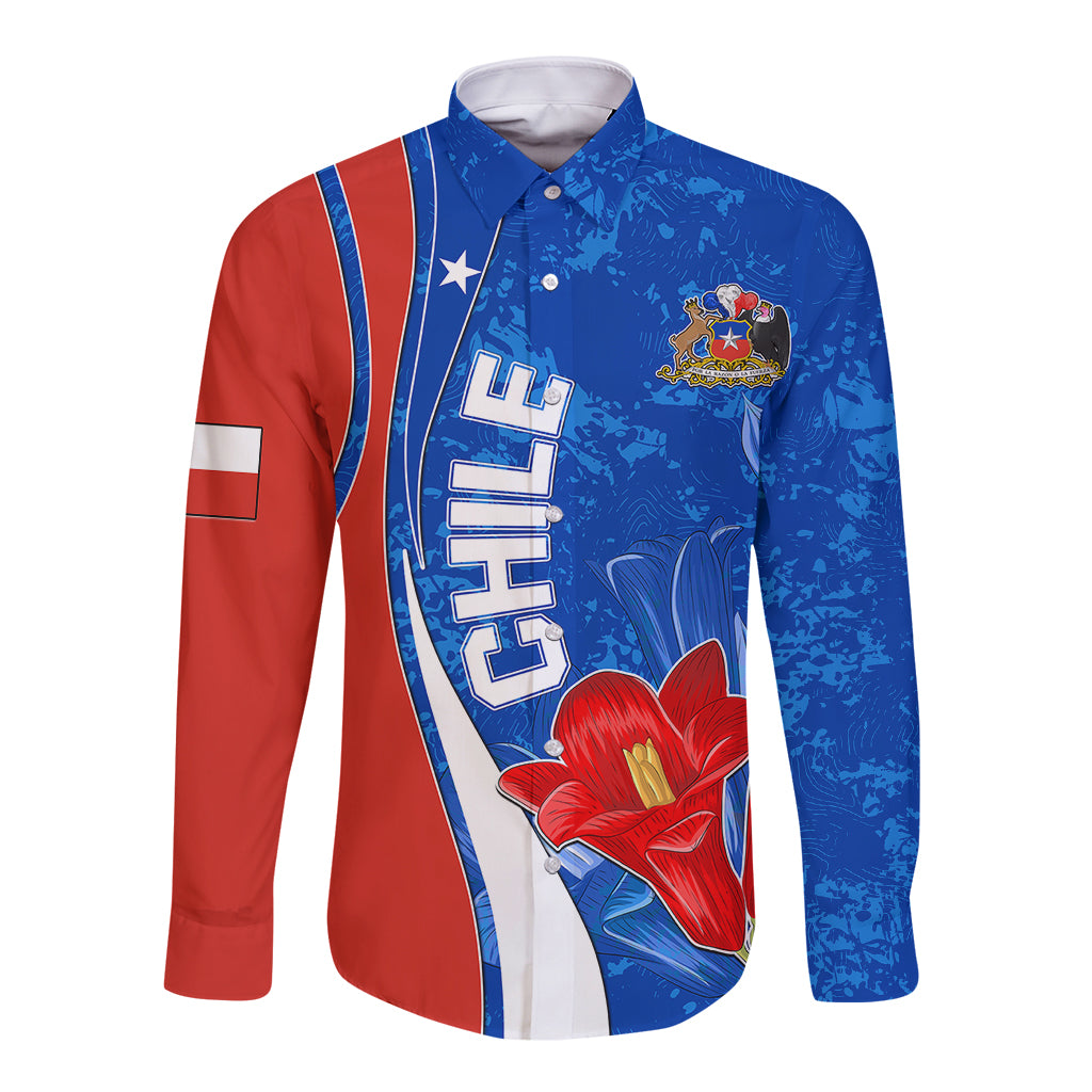 Blue long-sleeve button shirt with red side panel and Chile-style flag graphic, front