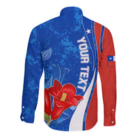 Blue long-sleeve button shirt with red sleeves, back text, and Chile flag-style floral