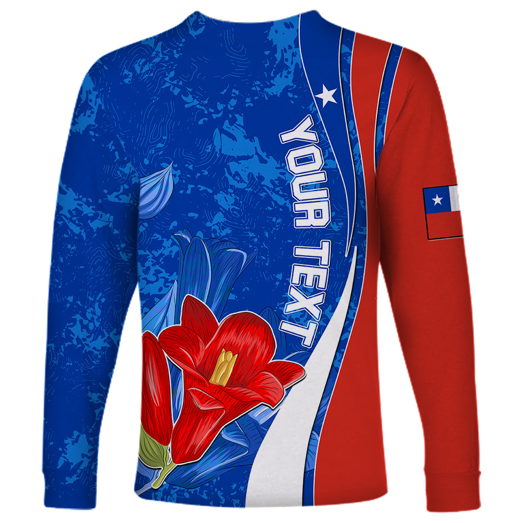 Unisex long-sleeve shirt, blue back with red flower, vertical Chile flag stripe and stars