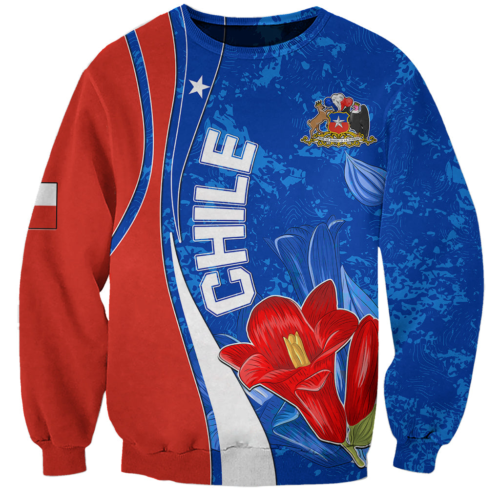 Unisex Chile sweatshirt with blue, red, and white paneling and red flower graphic