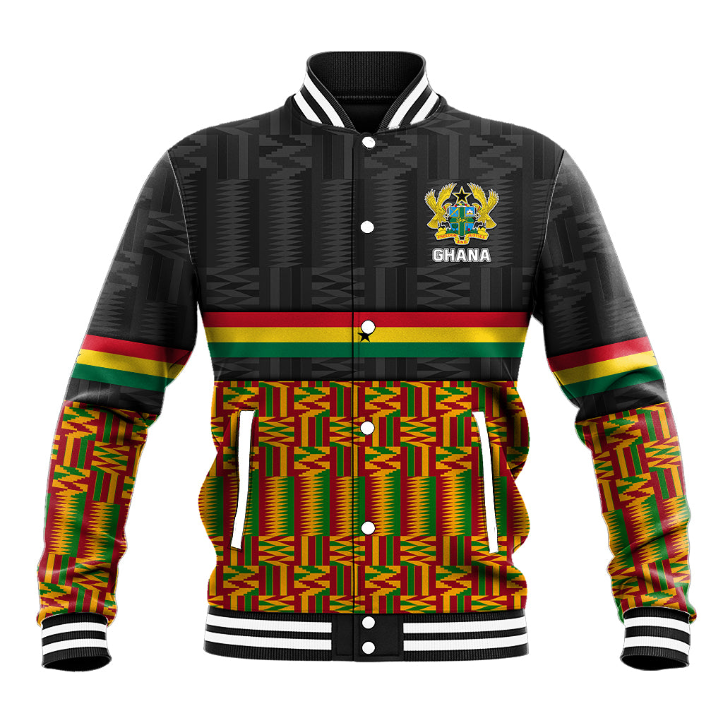 Black Ghana baseball jacket with Kente geometric pattern, crest logo, ribbed trim.
