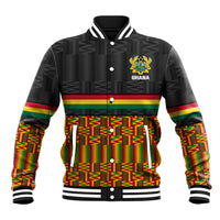 Black Ghana baseball jacket with Kente geometric pattern, crest logo, ribbed trim.