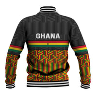 Black baseball jacket with Kente pattern, GHANA text on back, ribbed striped trim.
