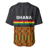 Black baseball jersey back with GHANA lettering, Ghana flag band, and Kente skirt