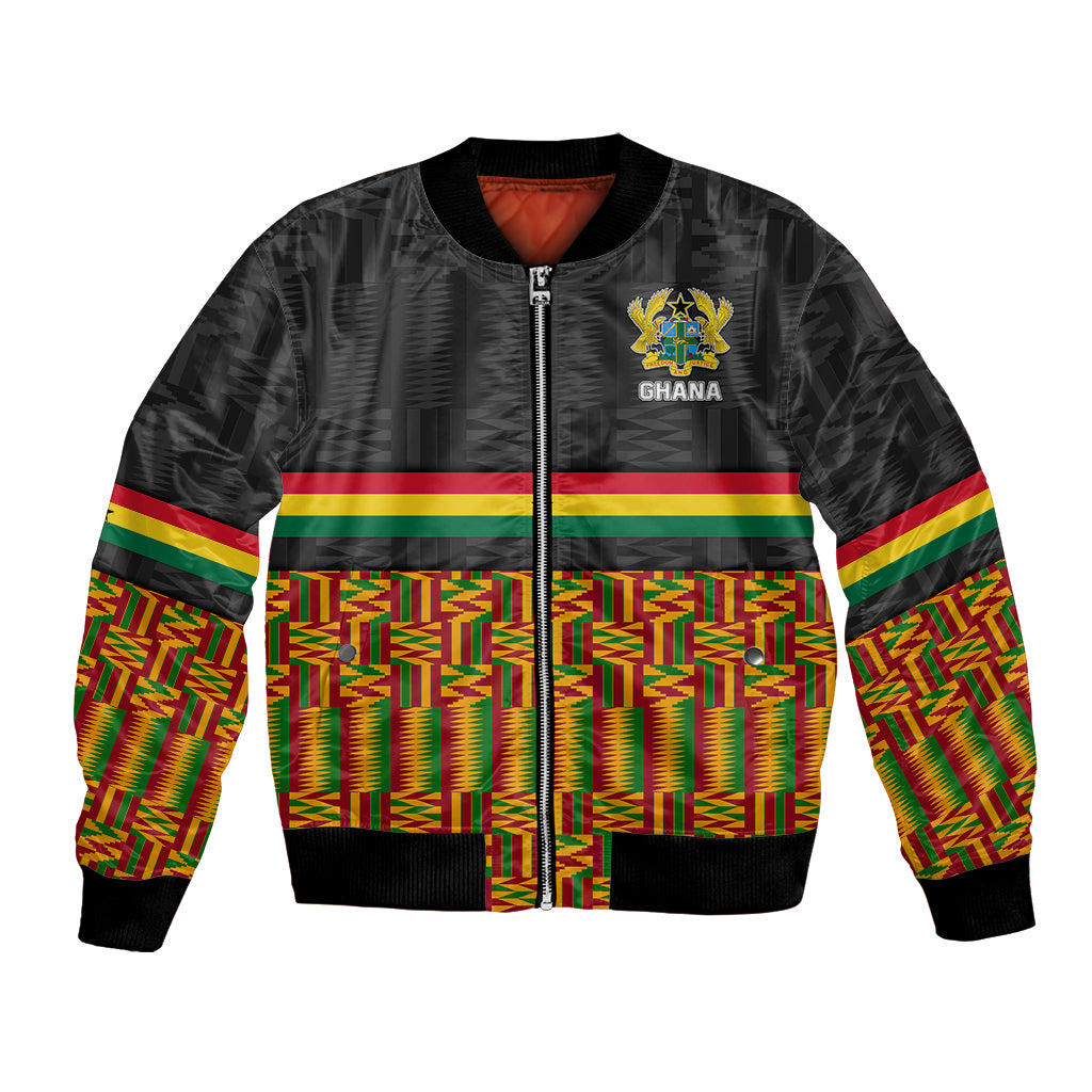 Black bomber jacket with full-zip front, Ghana crest, and kente-inspired multicolor stripe panels