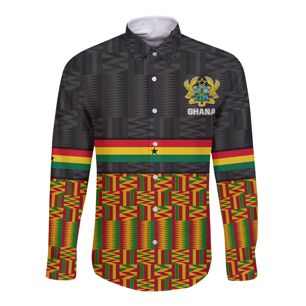 Ghana Long Sleeve Button Shirt Kente Pattern With Coat Of Arms TS06 - Wonder Print Shop