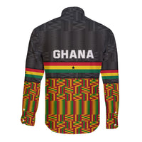 Black long-sleeve button shirt with Kente stripes and Ghana wordmark on back